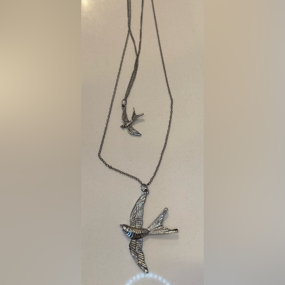 Long layered Silver Bird Pendant Necklace
